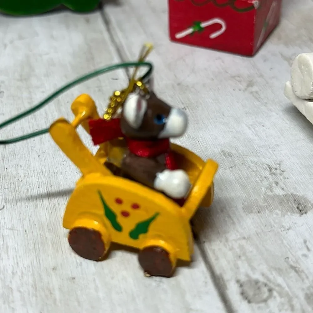 Vintage Wooden Christmas Ornaments set of 5 Snowman‎ Jack-in-the-box Train Harp